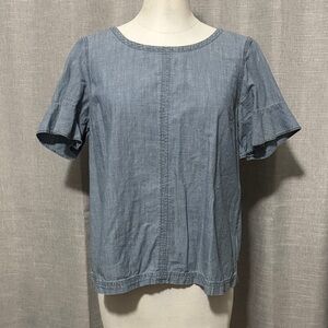 Madewell Cotton Blouse-Sz M-Lightweight Chambray-3 Tie Back Detail-Ruffle Sleeve